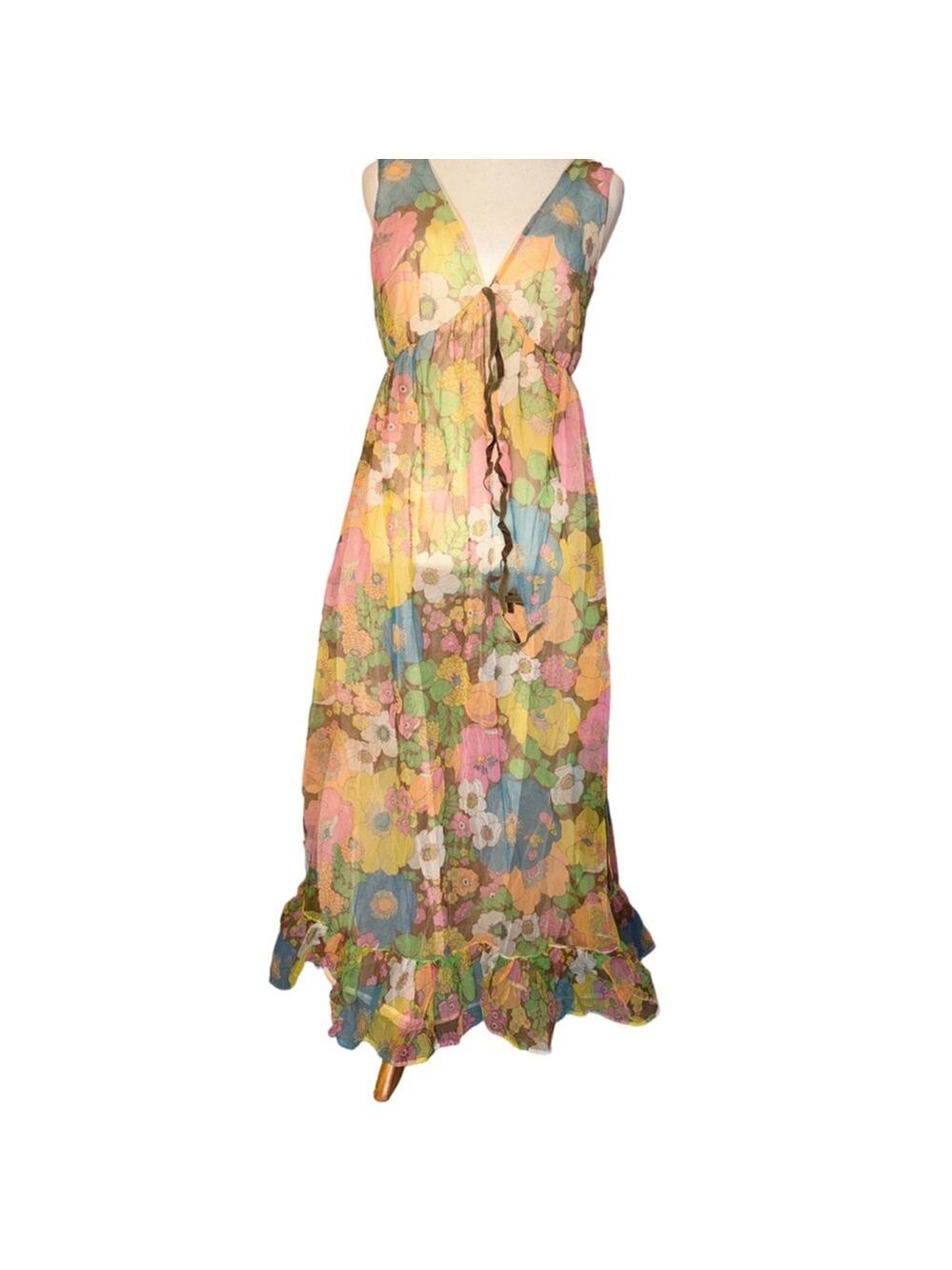 Vintage 1960s to 1970s floral chiffon maxi dress deep v- front. 100% nylon USA  - Picture 10 of 13